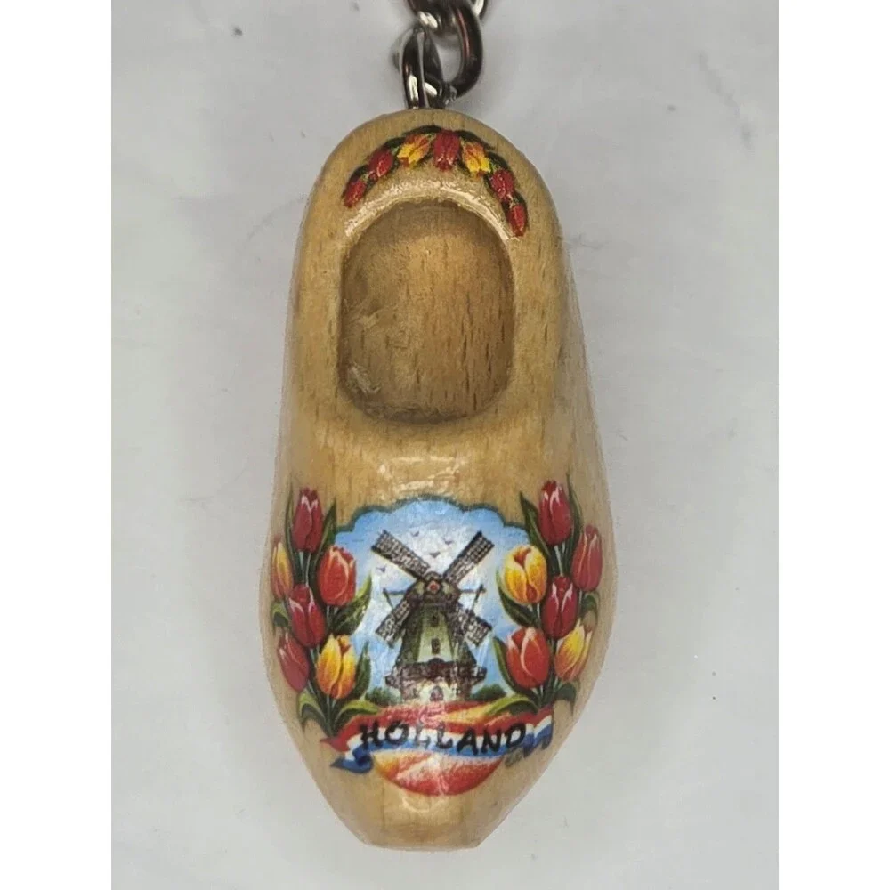 Varnished Tulip Wooden Shoe Keychain Windmill Holland